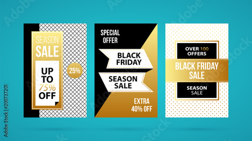 Three vertical Black Friday banners/posters in golden style on turquoise background (ID: 200737201)