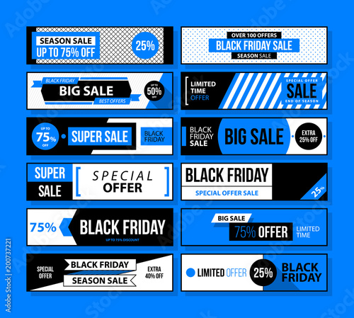 Big set of Black Friday web banners in black and blue style on bright background (ID: 200737221)