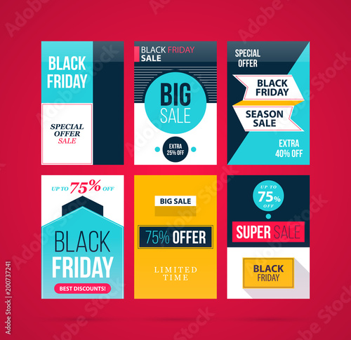 Set of six Black Friday banners/posters in modern flat style on vibrant red background (ID: 200737241)
