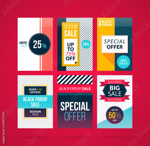 Set of six Black Friday banners/posters in modern flat style on vibrant red background (ID: 200737244)