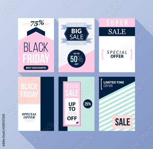 Set of six Black Friday banners/posters in flat style on blue background (ID: 200737245)