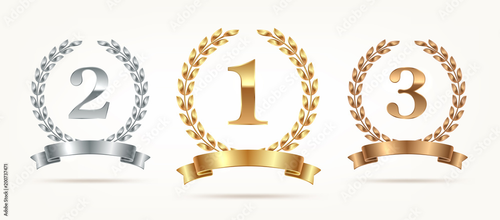 Set Of Rank Emblems Gold Silver Bronze First Place Second Place And Third Place Signs With Laurel Wreath And Ribbon Vector Illustration Stock Vector Adobe Stock Set Of Rank Emblems Gold Silver Bronze First Place Second Place And Third Place Signs With Laurel Wreath And Ribbon Vector Illustration Stock Vector Adobe Stock