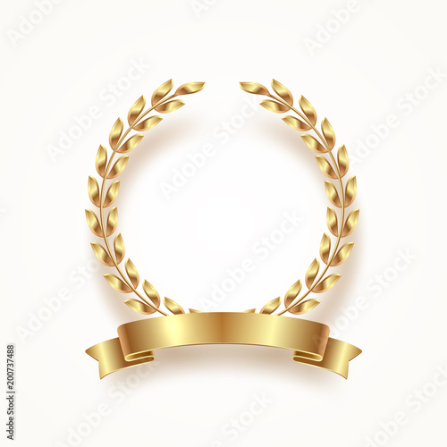 Golden laurel wreath with ribbon. Vector illustration.