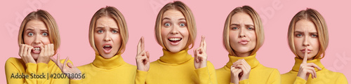 Collage with different emotions in one beautiful young blonde woman dressed in yellow sweater. Attractive female expresses fear, discontent and joy, isolated over pink background. Facial expressions photo