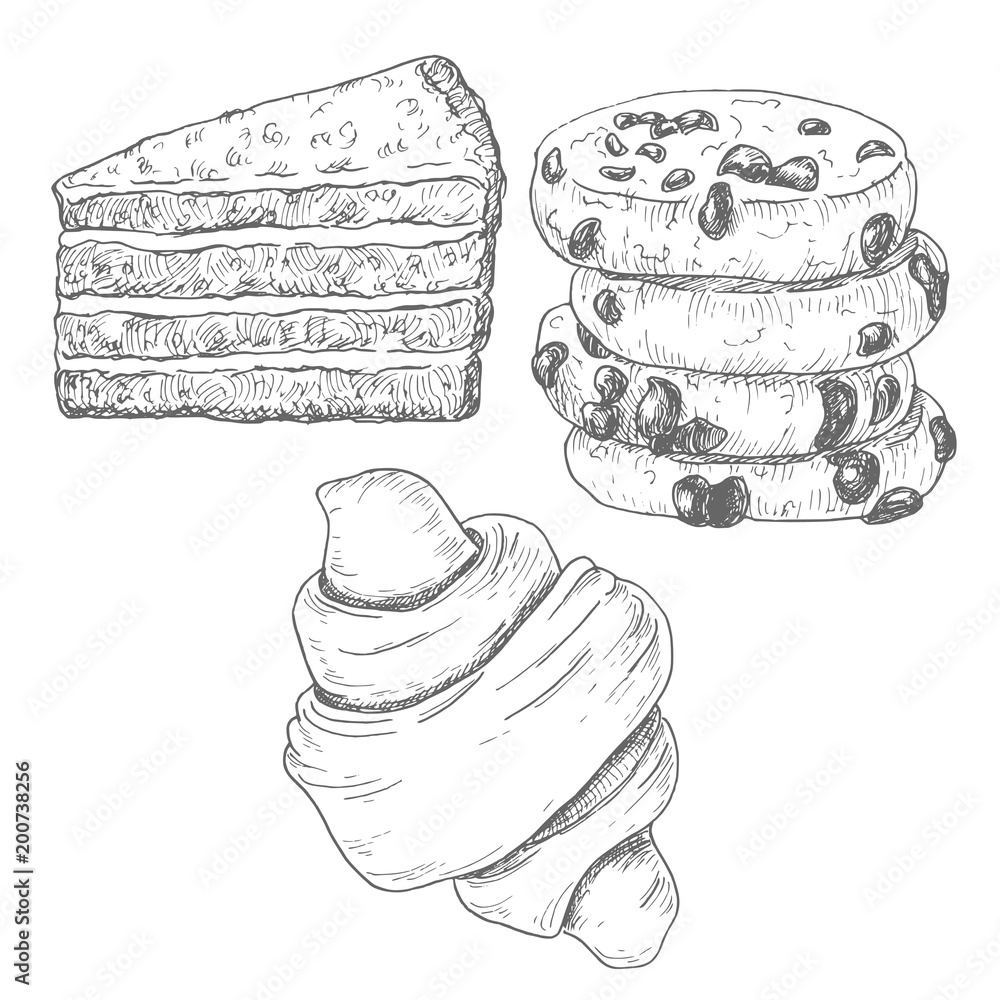 Sketch ink graphic bakery, cookies, cake and croissant illustration ...
