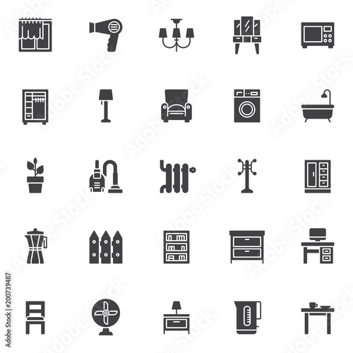 Home accessories vector icons set, modern solid symbol collection, filled style pictogram pack. Signs logo illustration. Set includes icons as window curtain, hair dryer, chandeliers lights, microwave
