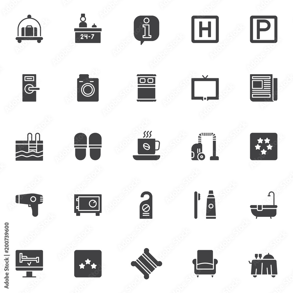 Hotel elements vector icons set, modern solid symbol collection, filled style pictogram pack. Signs, logo illustration. Set includes icons as hotel luggage cart with suitcase, reception service Hotel elements vector icons set, modern solid symbol collection, filled style pictogram pack. Signs, logo illustration. Set includes icons as hotel luggage cart with suitcase, reception service
