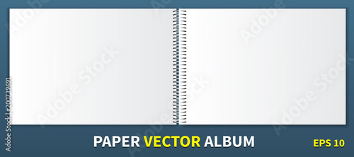 Paper album with a metal spiral in the center. Horizontal Blank Cover for Inserting Images is a template. Lie down on the table, open to both sides. Isolated on blue background, vector.