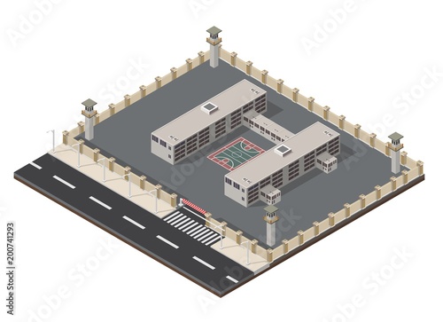 Low poly isometric prison building illustration background