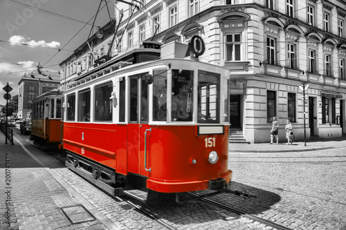 old historic tram in royal city Cracow in Poland
