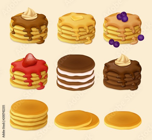 Set of various kinds of pancakes. Retro poster. Vector Illustration
