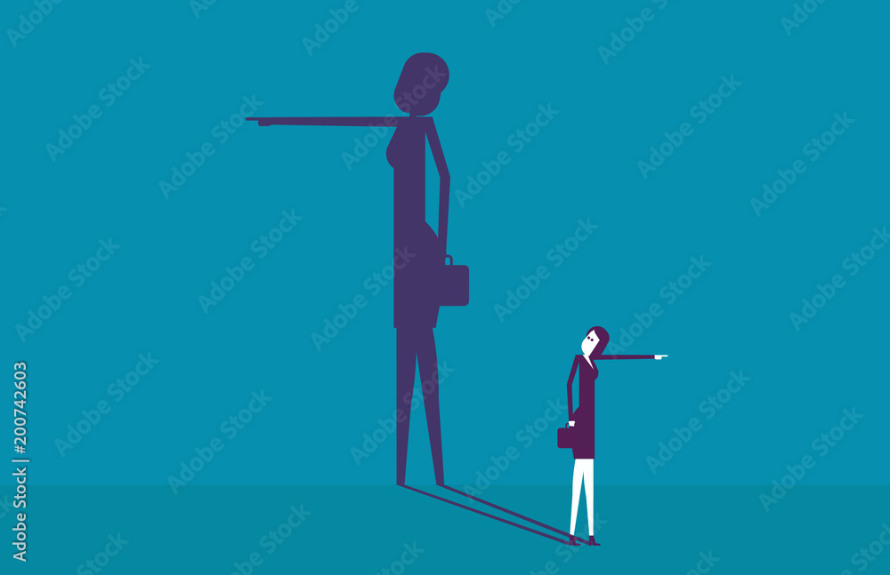 Businesswoman and shadow with pointing direction to difference. Vector illustration business concept.