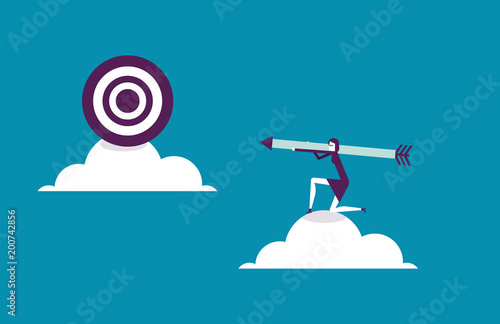 Businesswoman aiming target. Vector illustration strategy business concept.