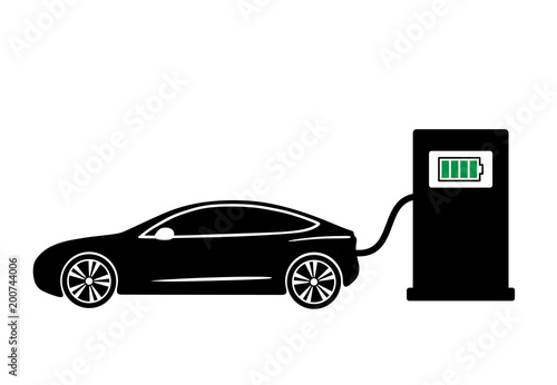 Electric modern car, electric fueling. Vector black illustration on white background