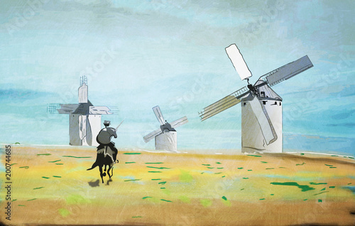 Quadro su tela Don Quijote Kampf gegen Windmühlen