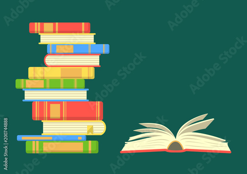 Stack of colorful books with open book on dark green background. Education vector illustration.