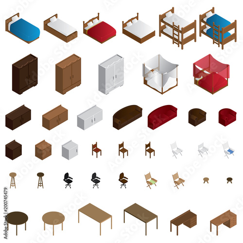 Isometric furniture icon set. Vector. Isometric vector furniture set.