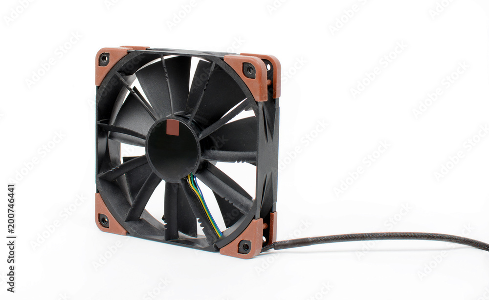 Computer black fan isolated on white background. Quiet cooling component of pc with anti-vabration pads. Hardware cooler.