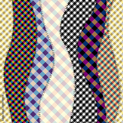 Seamless background pattern. Geometric patchwork pattern of a waves. Plaid pattern. Vector image.