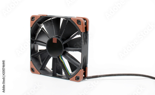 Obraz na płótnie Computer black fan isolated on white background. Quiet cooling component of pc with anti-vabration pads. Hardware cooler. w salonie