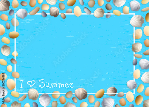 Shells frame. Love summer. Blue grunge background. Stones and seashells vector. Ocean or sea poster. Travel illustration. Tropical beach vacation.