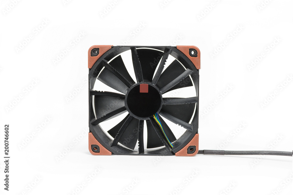 Computer black fan isolated on white background. Quiet cooling component of pc with anti-vabration pads. Hardware cooler.