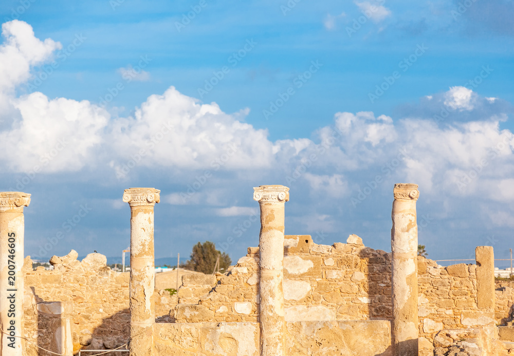 Ancient columns against the blue sky, the Archaeological Park in Paphos, Cyprus