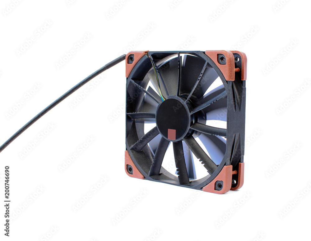 Computer black fan isolated on white background. Quiet cooling component of pc with anti-vabration pads. Hardware cooler in action
