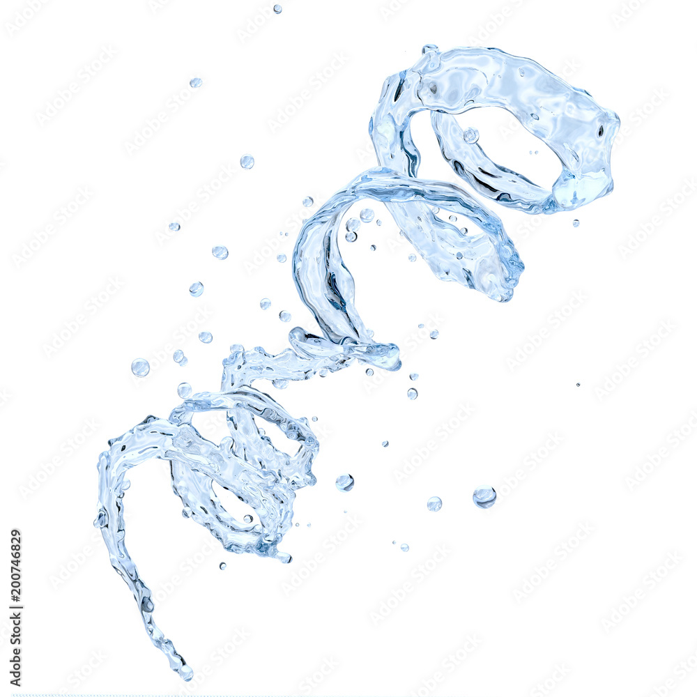 Fresh pure blue water splash. Clean transparent water, liquid fluid wave in translucent splashes form isolated on white background. Healthy drink splash advertising design element. 3D illustration Fresh pure blue water splash. Clean transparent water, liquid fluid wave in translucent splashes form isolated on white background. Healthy drink splash advertising design element. 3D illustration
