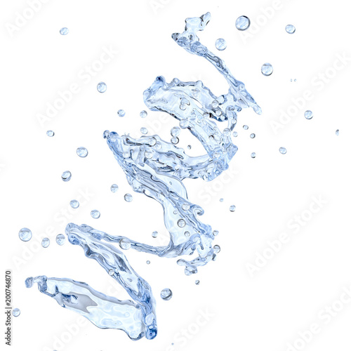 Fresh pure blue water splash. Clean transparent water, liquid fluid wave in translucent splashes form isolated on white background. Healthy drink splash advertising design element. 3D illustration