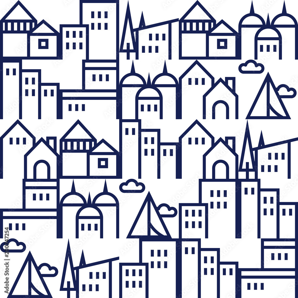 Seamless pattern, minimalist home and building outline illustration in blue tone Seamless pattern, minimalist home and building outline illustration in blue tone