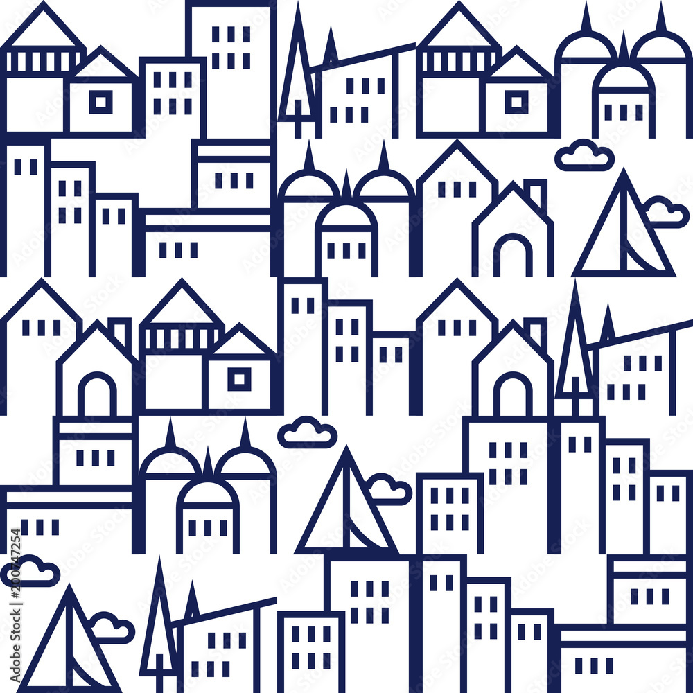 Seamless pattern, minimalist home and building outline illustration in blue tone