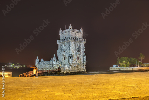 Portugal, Lisbon, view of the belem tower at night . Historical monument