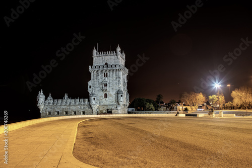 Portugal, Lisbon, view of the belem tower at night . Historical monument