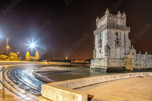 Portugal, Lisbon, view of the belem tower at night . Historical monument