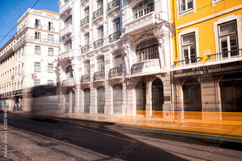  Long exposure shot . Commerce square (Praca do Comercio) in Lisbon, Portugal .