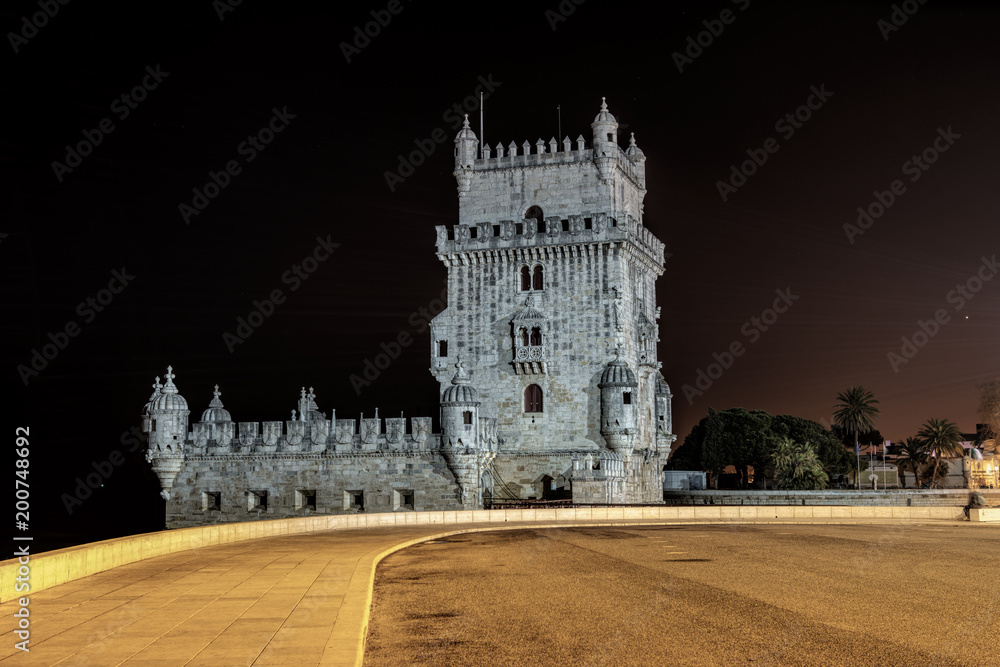Portugal, Lisbon, view of the belem tower at night . Historical monument