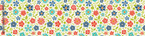 Spring background - panoramic header with hand drawn flowers. Seamless texture. Vector.