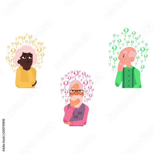 Vector flat old caucasian, african elderly grey-haired woman, man in casual clothing standing thoughtful pose holding chin thinking with questions above head portrait. Isolated background illustration