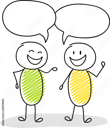Talking stickmen with speech bubbles - smiley and happy facial expression. Vector.
