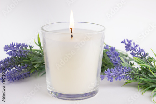 Candle in glass on white background with lavender  product mock-up