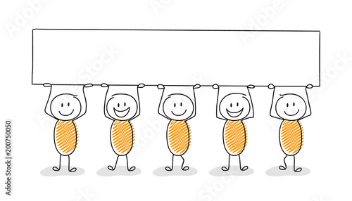 Funny cartoon stickman holding empty board for a text. Vector.