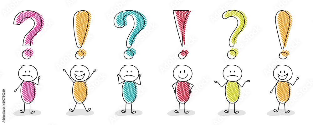Funny stickmen with question mark and exclamation point icons - big set. Vector.
