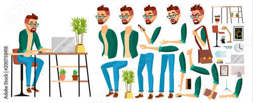 Business Man Worker Character Vector. Hipster Working Male. Office Worker. Animation Set. Clerk, Salesman, Designer. Face Emotions, Expressions. Cartoon Illustration