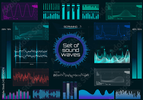 Set of sound waves, futuristic style. Audio Player.  Music colorful elements for your design. Audio equalizer technology, pulse musical in HUD UI style. Vector illustration. Set elements.