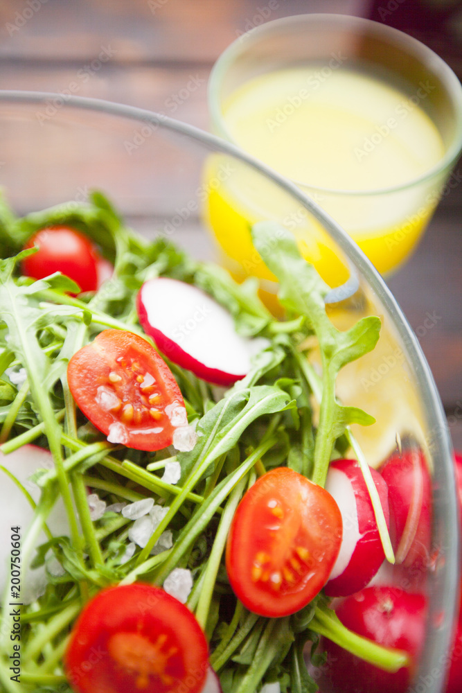 Diet food ingredients on dark wooden background