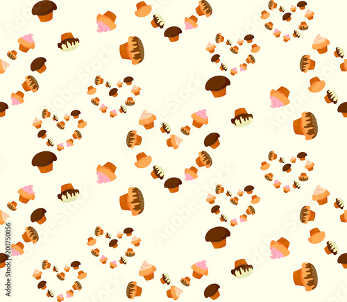 Pattern from cupcakes in the form of heart with fillings and a gentle yellow background