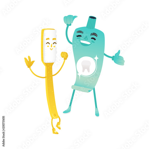 Funny toothbrush and toothpaste tube characters smiling and dancing - dental health and oral care concept. Isolated cartoon vector illustration of dental hygiene and healthcare, good habit.