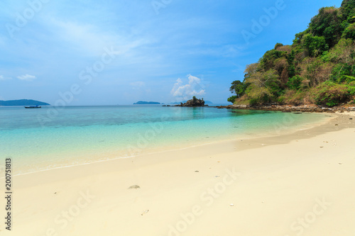 Bruer Island  amazing island from southern of Myanmar. A stunning seascape with turquoise water and white sand beach against blue sky at Bruer Island. Panoramic view