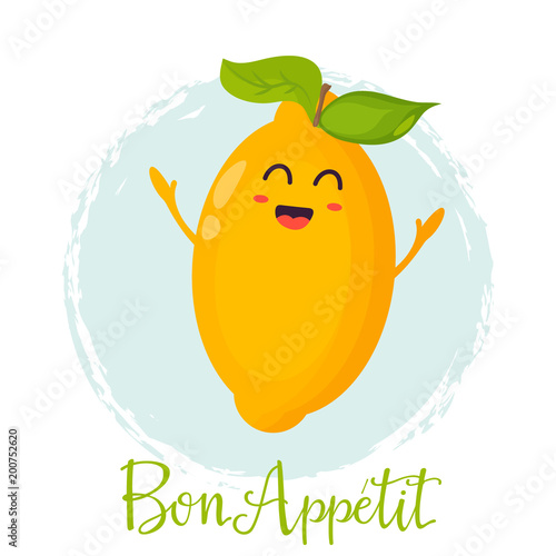 Bright poster with cute funny lemon. Bon appetit